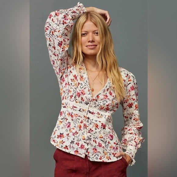 Anthropologie Puff-Sleeved Floral Lace Button Down Top, Size 14 - Picture 1 of 12